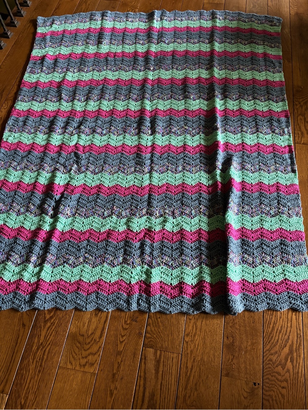 Handmade Chevron Crochet Throw Blanket in Pink, Mint & Gray